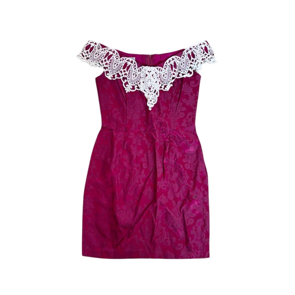 Vintage 80s Gunne Sax Off Shoulder Mini Dress Jacquard Maroon Lace Trim NWT